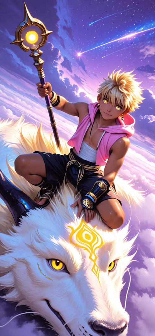 A young man with blonde hair and a pink hoodie holds a magical staff, standing in... Honor 70 Pro plus free hd wallpapers