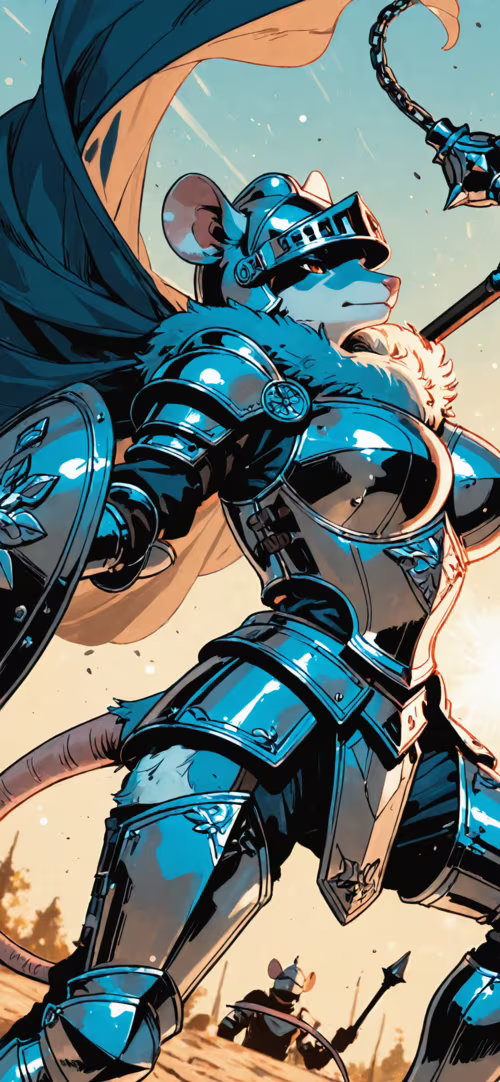 A digital illustration of a female anthropomorphic mouse warrior in full plate armor... free hd wallpapers