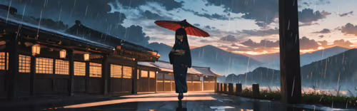 An anime-style illustration of a woman in a dark kimono holding a red and black umbrella,... pictures for wallpaper