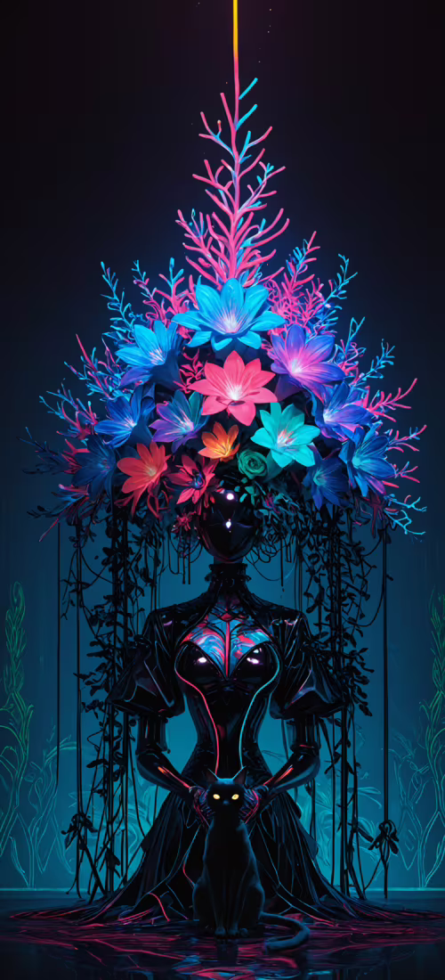 A black cat stands on a patterned neon floor in front of a large vase holding a spectacular...