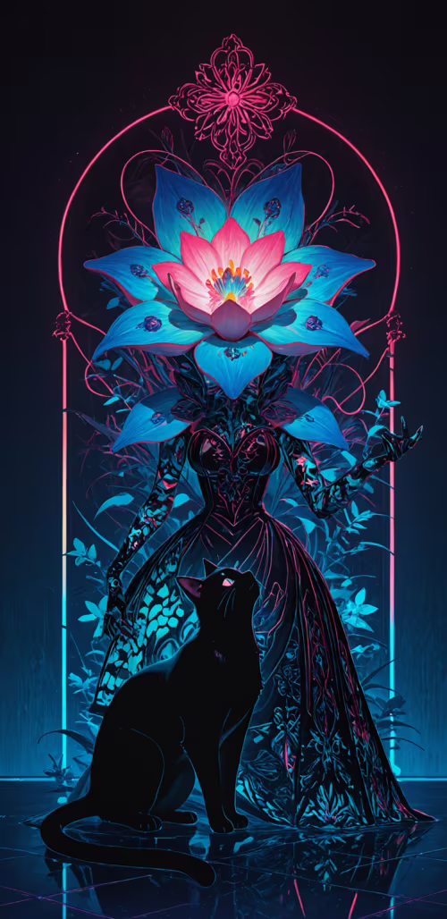 A black cat stands on a patterned neon floor in front of a large vase holding a spectacular...