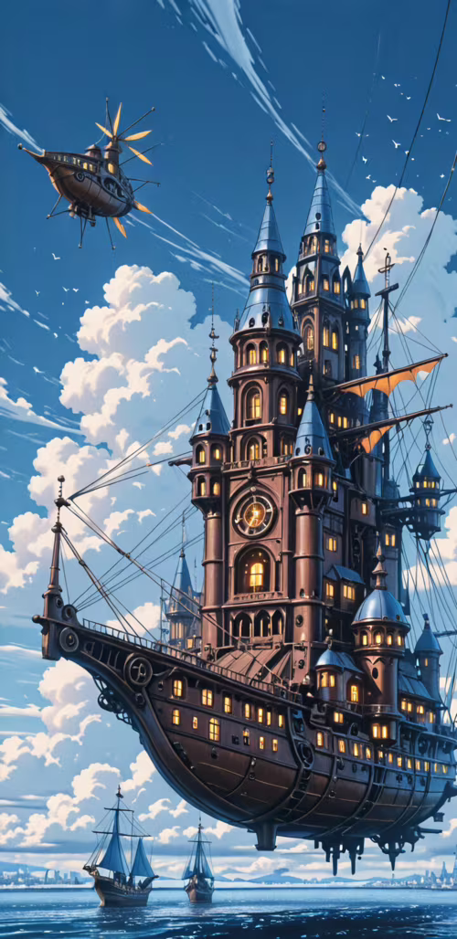 A magnificent blue and gold steampunk airship, resembling an old galleon, floats... Samsung Galaxy A01 Core