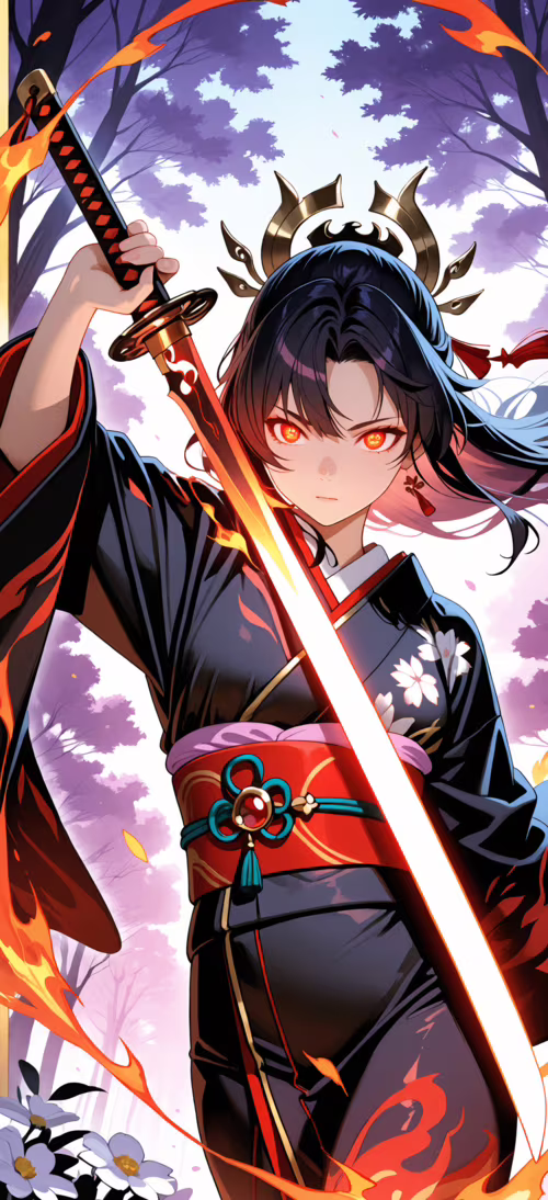 An anime-style female warrior with long dark hair, a spiky black headpiece, and glowing...