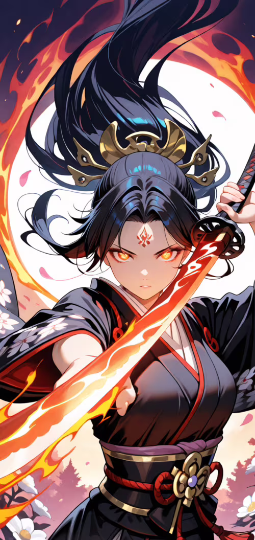 An anime-style female warrior with long dark hair, a spiky black headpiece, and glowing... Nokia 2 dot 2 high definition wallpaper