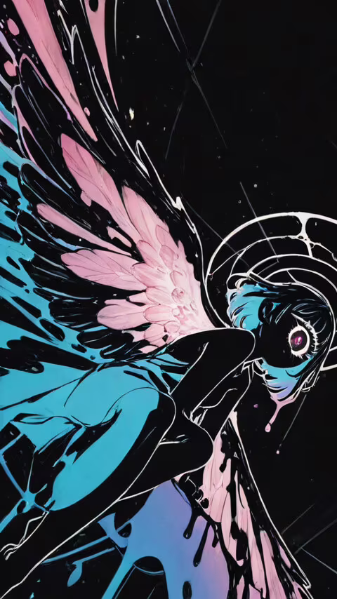 An anime-style angel with short black hair, a white halo, and pink and blue wings... Vodafone Smart E8 free background