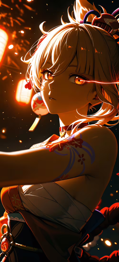 A close-up digital painting of Yoimiya from Genshin Impact at night. She has blonde... Honor Magic6 Pro lock screen wallpaper