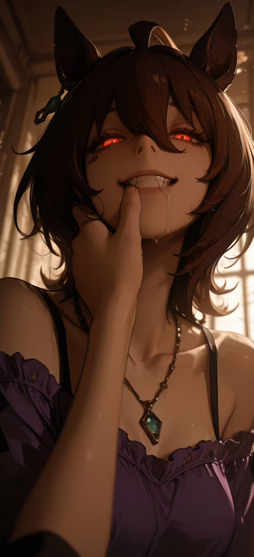 An anime-style illustration of Agnes Tachyon from Uma Musume with brown hair, horse...