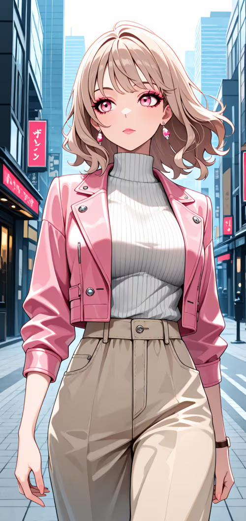 An anime-style illustration of a fashionable young woman with blonde, wavy hair and...
