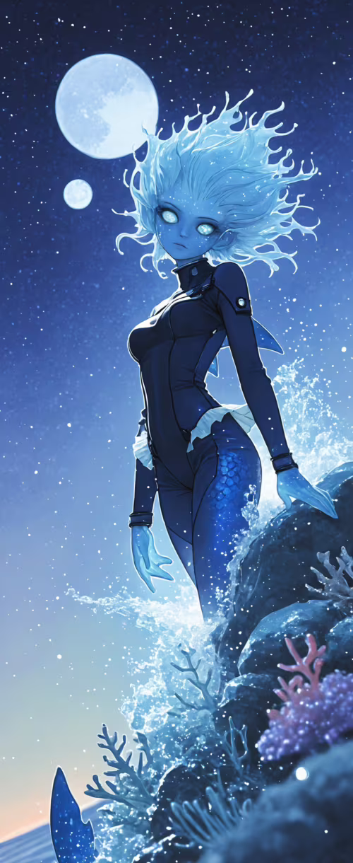 A digital illustration of a female alien water spirit with blue skin, spiky water-like... Samsung Galaxy Z Flip pictures for wallpaper