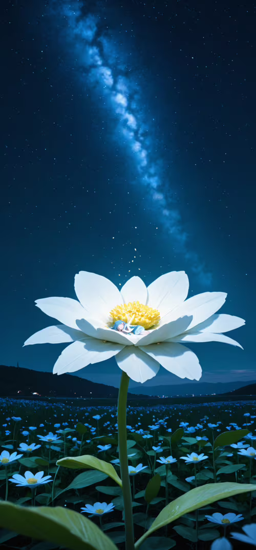 A small girl with dark hair sleeps soundly in the center of a giant, glowing blue...
