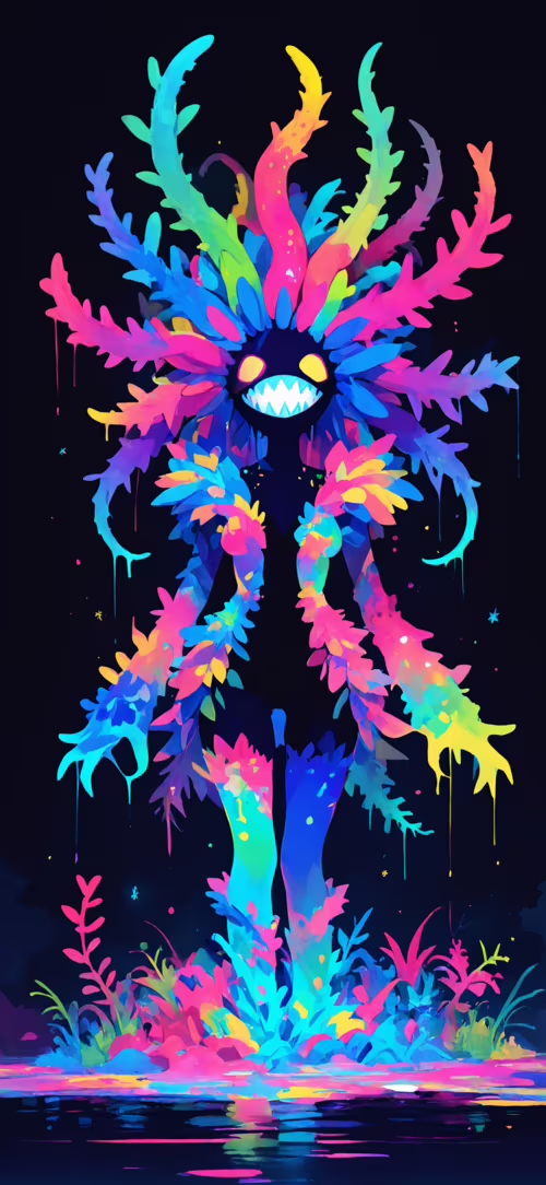 A digital illustration of a monstrous creature with a head resembling a vibrant,... Apple iPhone 16 Plus high definition wallpaper