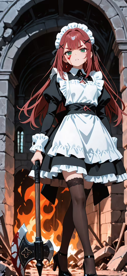 An anime-style illustration of a maid with long red hair and green eyes kneeling... Apple iPhone 13 mobile wallpaper