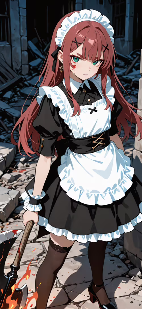 An anime-style illustration of a maid with long red hair and green eyes kneeling... Apple iPhone 15 pictures for wallpaper