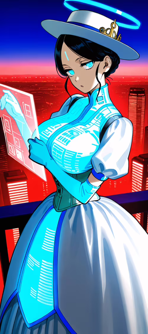 An anime-style woman in a futuristic white and blue Victorian gown and hat stands... Infinix Zero 40 background images hd
