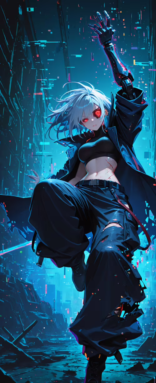 An anime-style female warrior with a cybernetic arm and red eye in a dynamic pose.... Tecno Phantom V Flip2 wallpaper