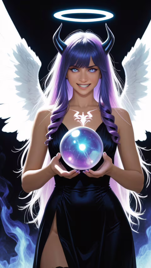 An anime-style woman with white angel wings, black demon horns, and a blue halo,... Vodafone Smart E8 free wallpaper