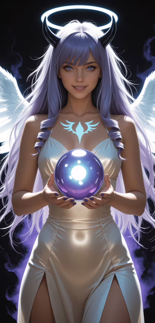 An anime-style woman with white angel wings, black demon horns, and a blue halo,... Doogee S55 wallpaper download
