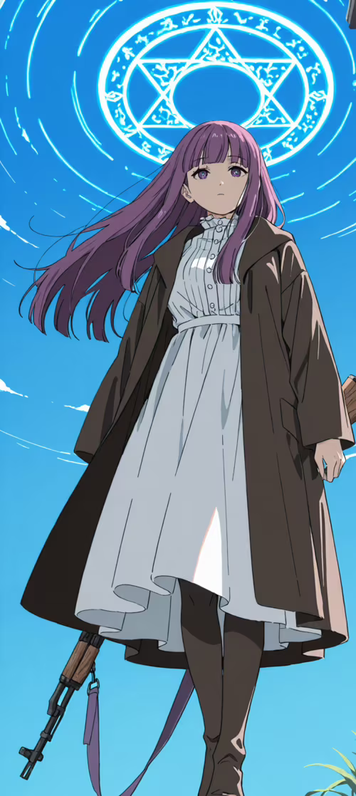 Full-body illustration of the anime character Fern from Frieren, who has long purple... OnePlus Nord 3 download free wallpaper for phone