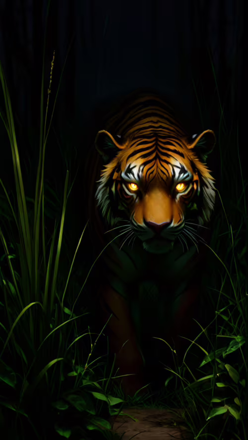 A powerful tiger with glowing yellow eyes stalks forward through tall green grass... Vodafone Smart E8 free background