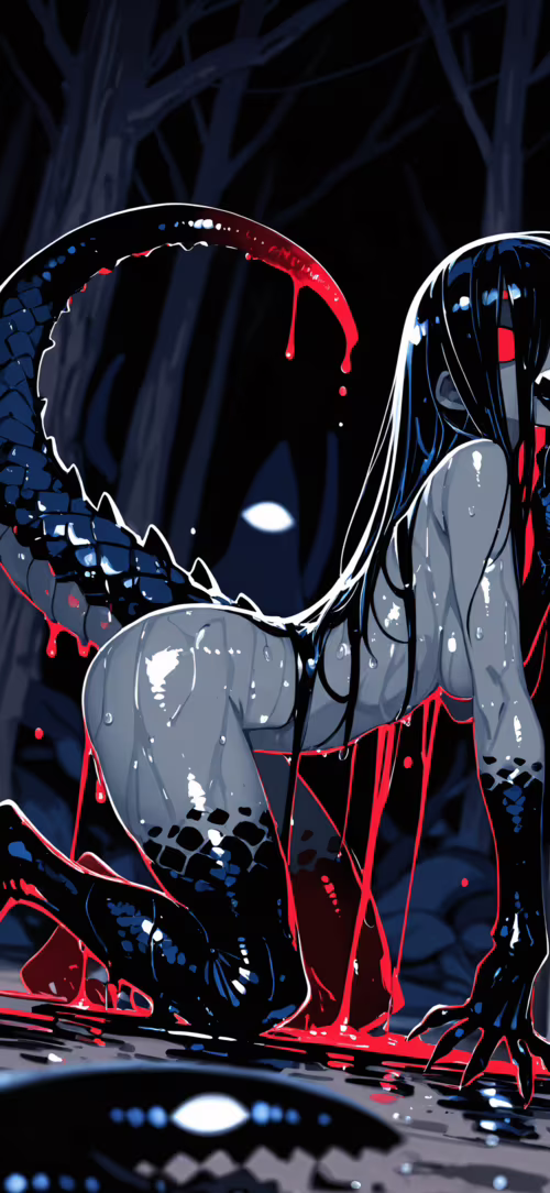 A terrifying monster girl with glowing red eyes and sharp teeth crawls towards the... Redmi Note 9T hand phone wallpaper