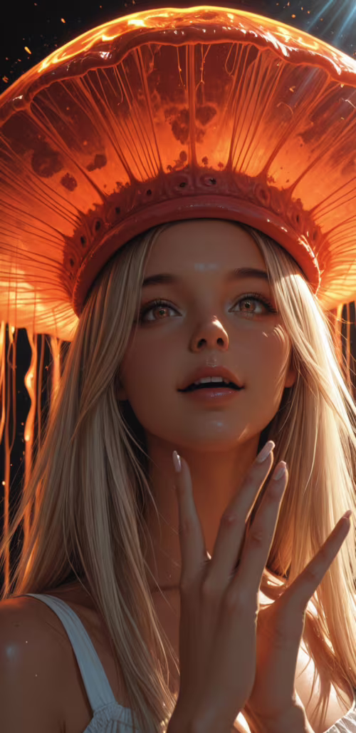 A photorealistic portrait of a young woman with long blonde hair and orange eyes,... Samsung Galaxy A01 Core wallpaper