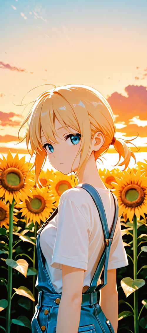 An anime girl with short blonde hair and blue eyes, wearing denim overalls and a... Infinix Zero 40 download free wallpaper for phone