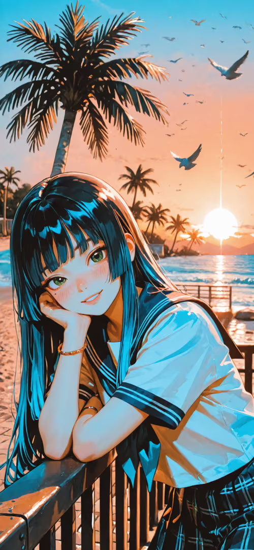 An anime-style girl with long blue hair and green eyes, wearing a sailor school uniform,... Apple iPhone 14 Plus hand phone wallpaper