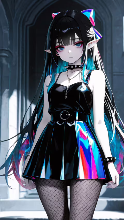 An illustration of a goth elf girl with long black and teal hair, wearing a shiny... Vodafone Smart E8 download free phone wallpaper