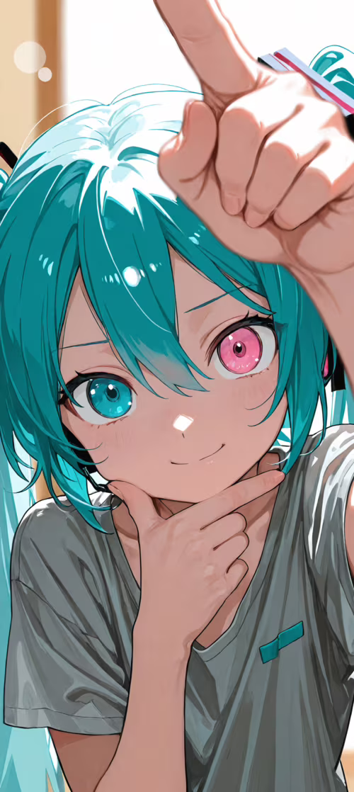 Hatsune Miku with long turquoise hair, one blue eye and one pink eye, wearing a grey... Redmi Note 13 Pro plus wallpaper download