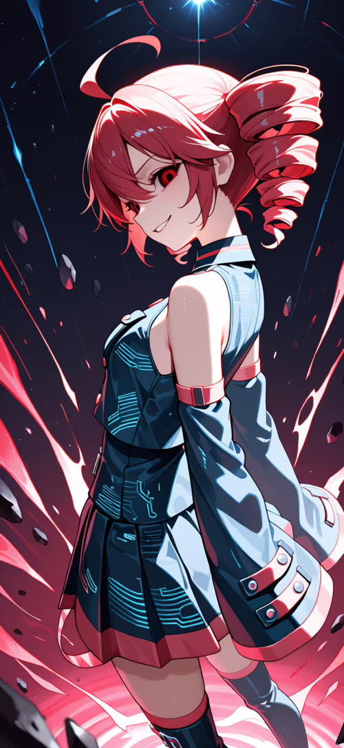 An anime-style illustration of Kasane Teto with red twin-drill hair and a mischievous... Apple iPhone 14 Plus lock screen wallpaper