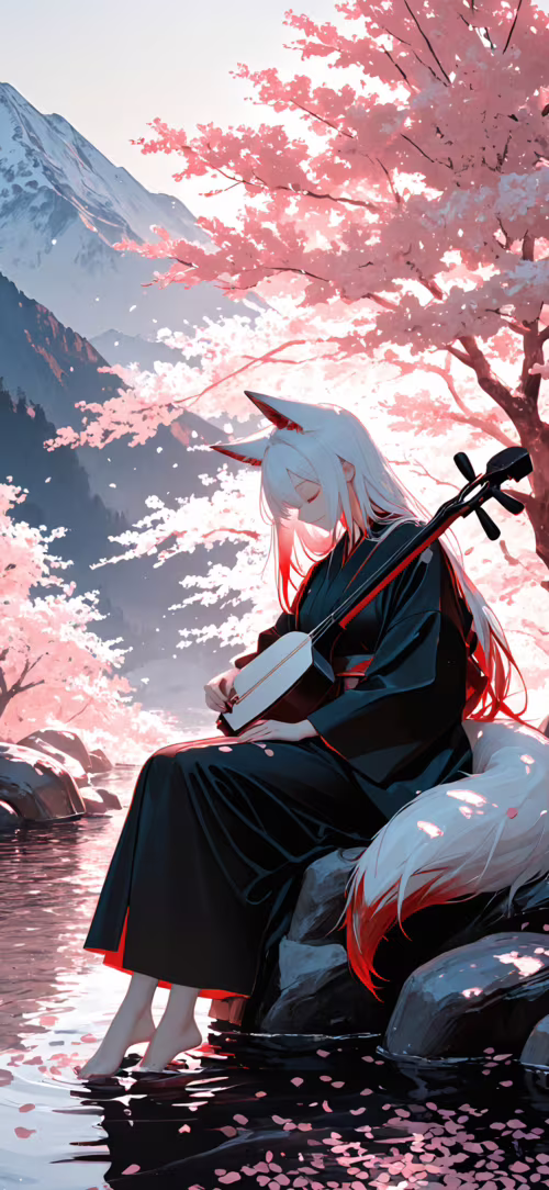 A white-haired anime fox girl in a black kimono sitting on a rock by a river, playing... Apple iPhone 15 pictures for wallpaper