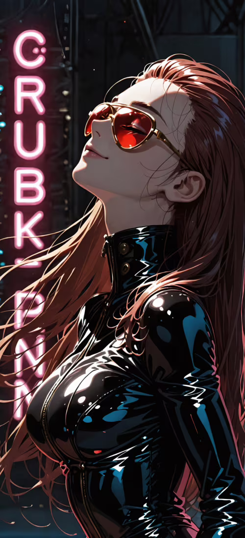 A side-profile anime illustration of a woman with long burgundy hair, wearing a shiny...