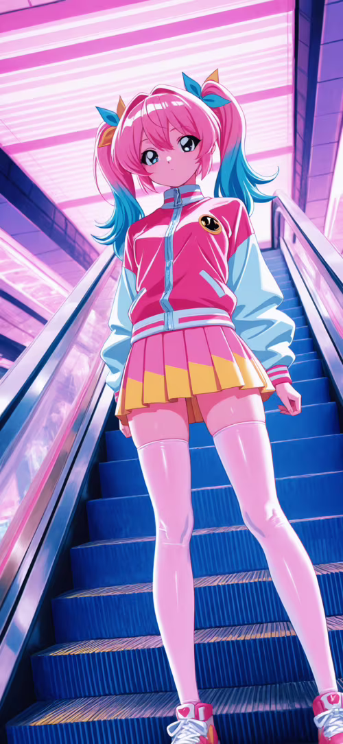 An anime girl with pink and blue twin tails, wearing a pink bomber jacket and pleated... Apple iPhone 16 Plus