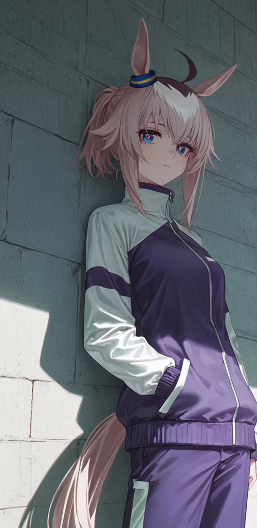 An anime illustration of Oguri Cap from Uma Musume, a girl with pink hair in a ponytail... Samsung Galaxy A01 Core hand phone wallpaper