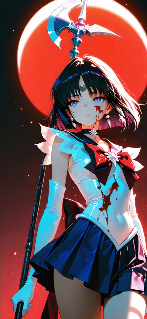An anime-style illustration of Sailor Saturn from Sailor Moon, holding her large... Apple iPhone 15 wallpaper download