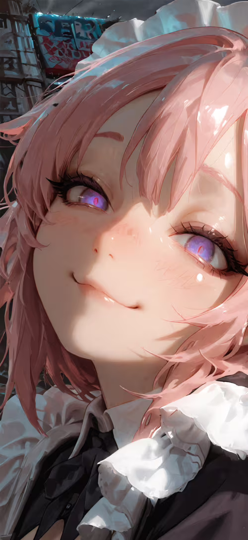 A close-up illustration of the anime character Astolfo with long pink hair and glowing... Apple iPhone 16 Plus wallpaper