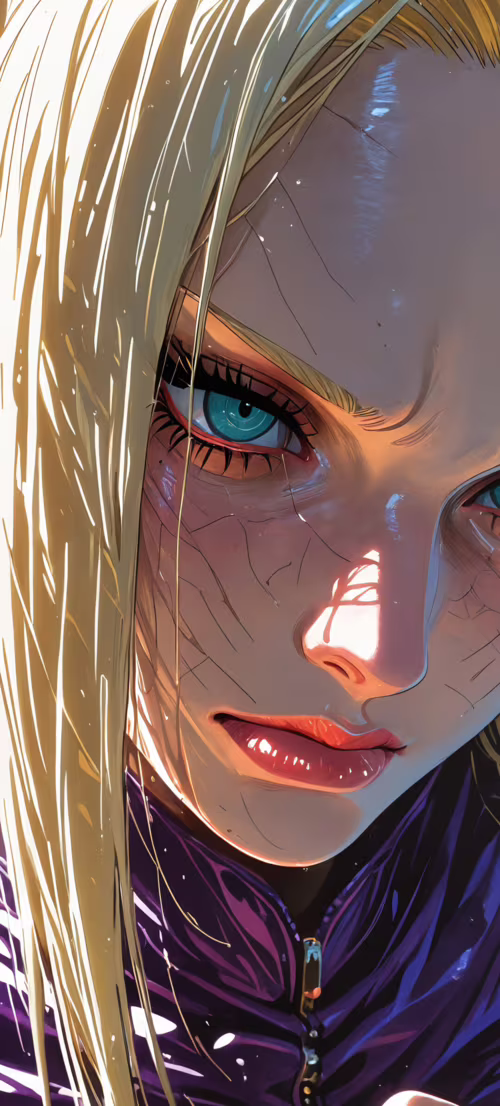 A hyper-detailed close-up illustration of a woman's eye. She has vibrant purple hair...