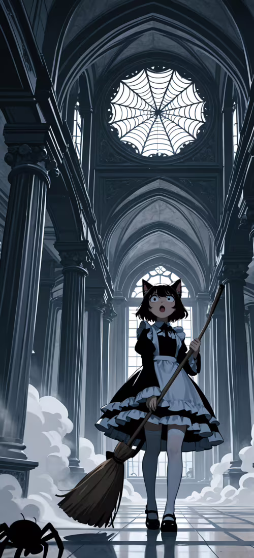 An anime catgirl in a maid outfit stands in the middle of a vast, dark, and dusty... OnePlus 12R cell phone backgrounds free