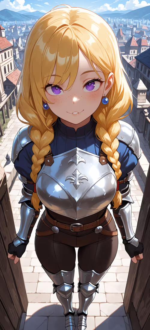 A young female knight with blonde braids and purple eyes, wearing silver armor over...