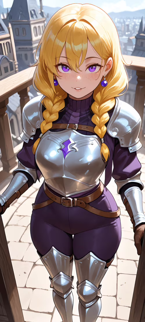 A young female knight with blonde braids and purple eyes, wearing silver armor over...