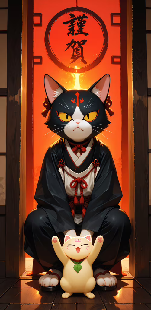An anime-style illustration of a black and white tuxedo cat sitting upright. The... Samsung Galaxy A8 Star free background