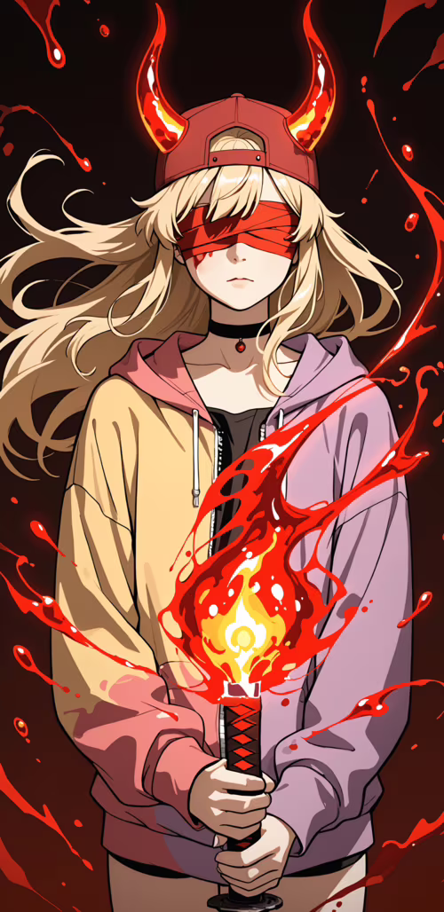 An anime girl with long blonde hair, a backwards red cap, and a black blindfold....