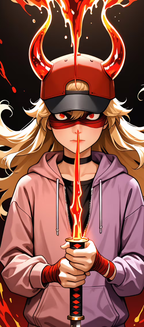 An anime girl with long blonde hair, a backwards red cap, and a black blindfold.... Ulefone Note 9P download free wallpaper for phone