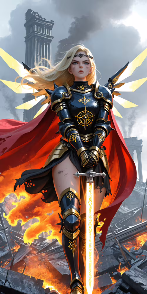 A full-body portrait of a blonde female knight in ornate black and gold armor with...