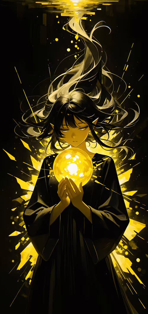 An anime-style elf girl with long black hair and pointy ears, wearing a black robe,...