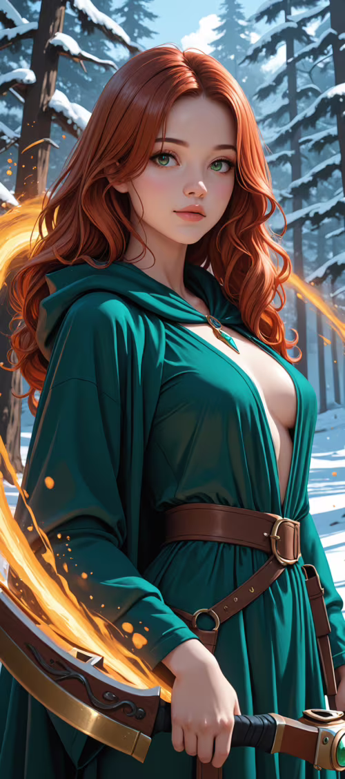 A beautiful fantasy woman with long red hair and green eyes, wearing a green cloak... wallpaper photo gallery download