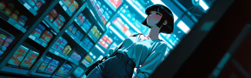 An anime-style illustration of a woman with a black bob haircut shopping in a brightly... free wallpaper