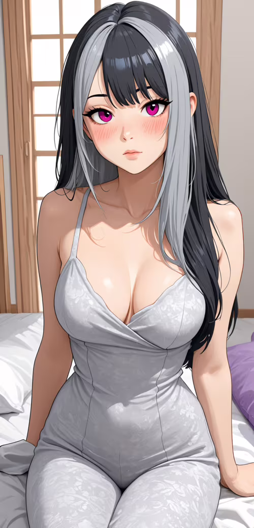 A close-up digital portrait of a beautiful anime girl with long black and silver... Cubot Note 7 download free wallpaper for phone