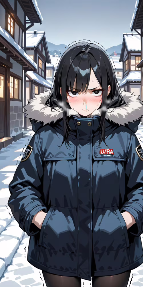 An anime girl with short black hair and a runny nose frowns while standing in a snowy... Doro 8080 hand phone wallpaper