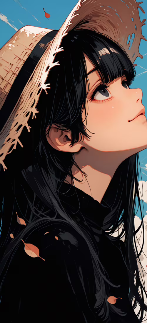An anime-style portrait of a young woman with long black hair and a straw hat, looking... Honor Magic6 Pro wallpaper download